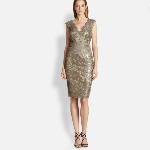 Tadashi Shoji Dress Womens 6 Gold Sequin Lace Sheath Cocktail Party 3T896MXZ - Picture 1 of 7